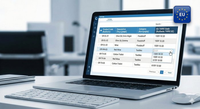 Κατάλογος προϊόντων με κωδικούς TARIC σε laptop, σημαία ΕΕ στην οθόνη