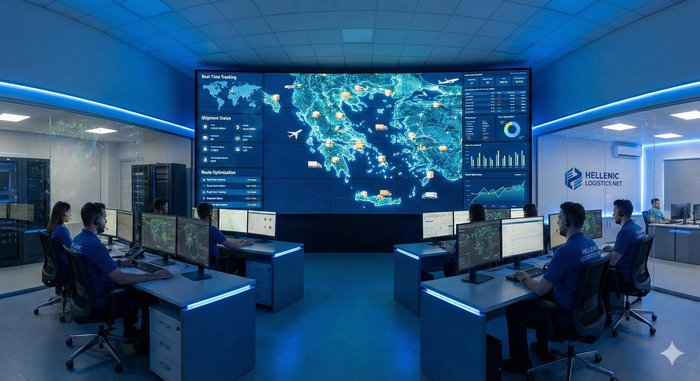Κέντρο ψηφιακών επιχειρήσεων με οθόνες παρακολούθησης αποστολών σε χάρτη Ελλάδας