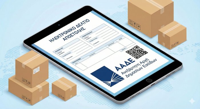 Ηλεκτρονικό δελτίο αποστολής σε tablet με λογότυπο ΑΑΔΕ και κούτες αποστολής