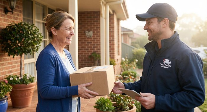 Πελάτης χαρούμενος που παραλαμβάνει δέμα - η courier αντιπροσωπεύει την επιχείρηση